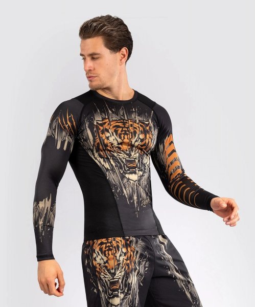 画像1: VENUM ラッシュガード Tiger 長袖 黒/ネオンオレンジ (1)